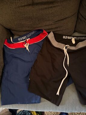 Old Navy Men's Swim Shorts - Blue with Red Trim & Black